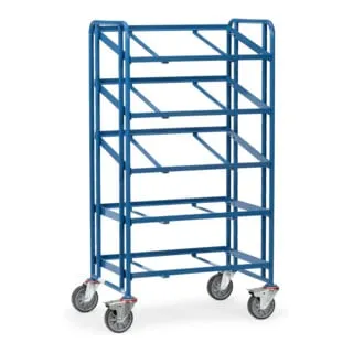 Fetra Eurokastenwagen 1370 - Eurokastenwagen mit 5 Etagen und offenem Rahmen, ideal für 10 Eurokästen. Hohe Tragkraft von 400 kg und flexible Etagenhöhen für vielseitige Nutzung.