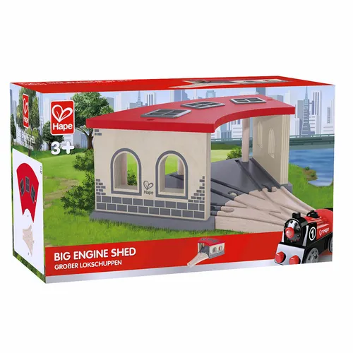 Hape Eisenbahn Großer Lokschuppen - großer Lokschuppen mit drei Spuren, ideal für die Aufbewahrung und Pflege deiner Lokomotiven