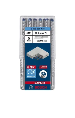 Bosch Professional Expert Hammerbohrer SDS-plus-7X, Ø 5mm, 30 Stück - Bohrer-Bits, langlebiger Hammerbohrer mit bis zu 3-mal längerer Lebensdauer als Standardbohrer, ideal für professionelle Anwendungen.
