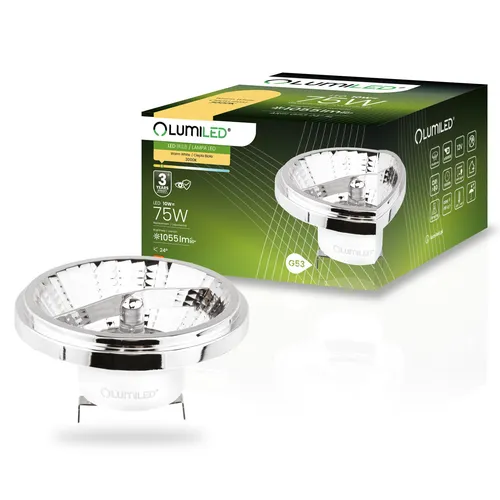 LUMILED LED-Leuchtmittel AR111 G53 Fassung 12V 10W (Entspricht Halogen 75 Watt) Warmweiß 3000K 24° Abstrahlwinkel Silber 1055 lm Ra>90 Aluminium PC
