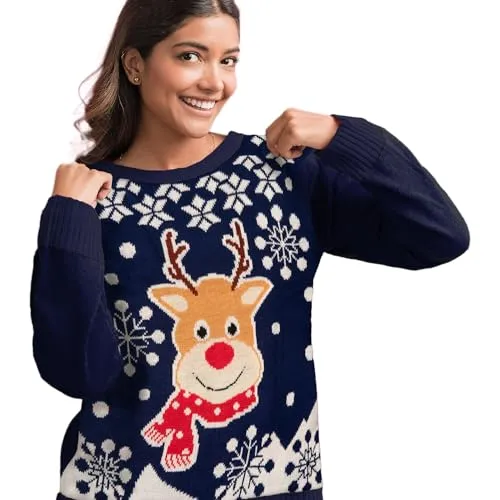 United Labels Weihnachtspullover Rentiere, Ugly Sweater für Damen, Rentierdesign in Blau und Weiß, Sweatshirt in M, 100% Polyacryl