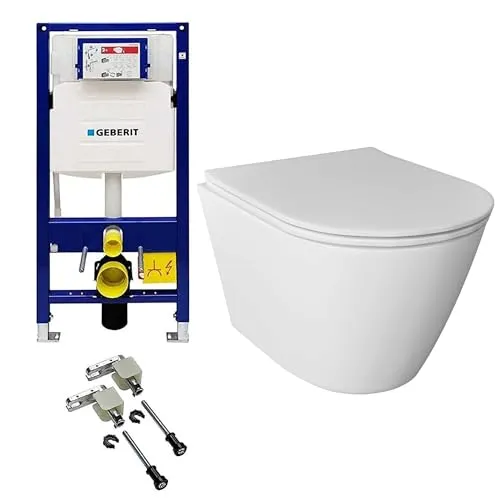 Alpenberger Toilette mit Spülkasten Komplett Set | Vorwandelement WC Set Komplett mit Geberit Duofix Bausatz | Wand WC Spülrandlos | Klo mit WC Deckel