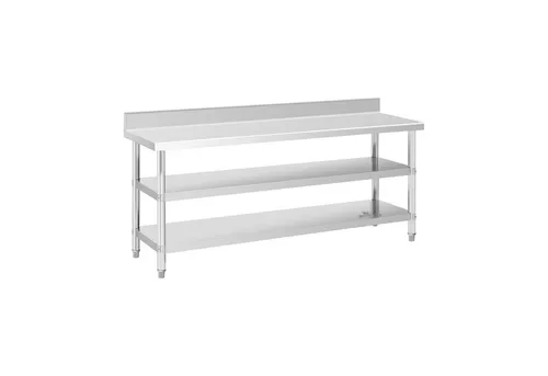 Royal Catering Edelstahltisch 200 x 60 cm mit Aufkantung - Robuster Arbeitstisch aus Edelstahl - 200 x 60 x 96,5 cm - hohe Tragkraft von 235 kg und 2 praktische Ablagen für effizientes Arbeiten in der Gastronomie.