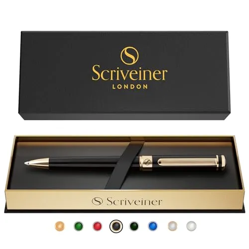 Scriveiner Hochwertiger Kugelschreiber Metallisch Schwarz - Einweg-Kugelschreiber mit luxuriösen 24 Karat Golddetails und deutscher Schmidt Mine für müheloses Schreiben. Perfekt gewichtet, ideal als Geschenk in einer eleganten Box.