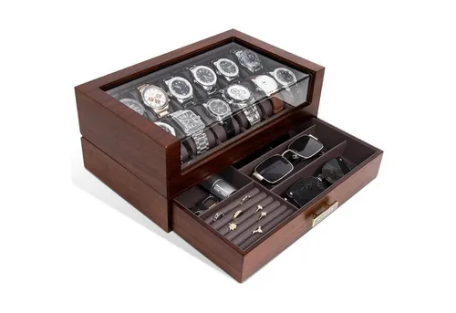 KAMIER Uhrenbox Herren aus Echtholz mit 12 Fächern - Elegante Uhrenbox mit 12 Fächern aus massivem Walnuss-Holz und braunem Leder. Schützt Ihre Uhren vor Kratzern und bietet eine stilvolle Präsentation. Perfekt als Geschenk für Uhrenliebhaber.