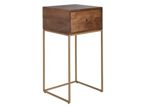 FINEBUY Nachttisch FB71511 aus Mango Massivholz - Nachtkonsole im Industrial Design, 1 Schublade für praktischen Stauraum und elegantes Goldgestell, ideal für Ihr Boxspringbett.