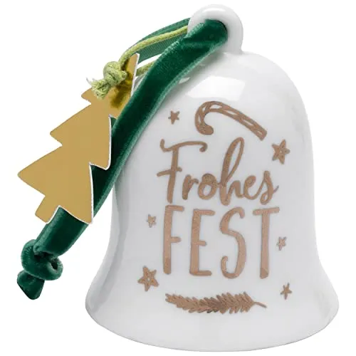 GRUSS & CO 49895 Glöckchen Frohes Fest, Porzellan, Höhe 6,7 cm Porzellanglöckchen, Porzellen, Weiß