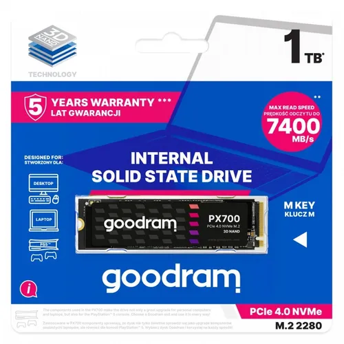 GOODRAM 1TB M.2 PCIe Gen4 NVMe PX700 - Hochgeschwindigkeits-SSD - Festplatten mit 1 TB Kapazität und beeindruckenden Geschwindigkeiten von bis zu 7400 MB/s, ideal für Gaming und Hochleistungsanwendungen.