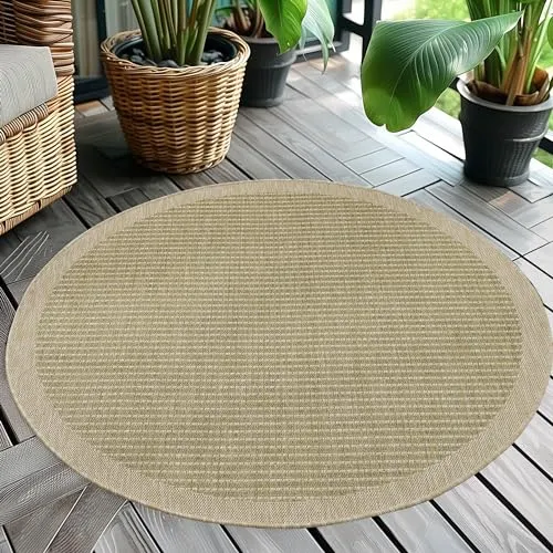 Teppium Modern Outdoor Teppich Wetterfest 120 cm Rund Grün- Flachgewebe Sisaloptik Balkon Teppich Wasserfest - Waschbarer Teppich für Garten, Terrasse, Camping und Küche