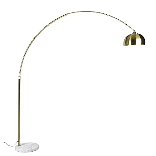 Qazqa Modern Bogenleuchte - Verstellbare Lampe aus Messing - Standleuchten & Deckenfluter, elegante Bogenleuchte mit weißem Marmorsockel, dimmbar und ideal für Wohnzimmer und Schlafzimmer.