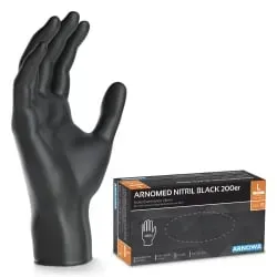 ARNOMED Nitril Midnight Black Einmalhandschuh Größe L - Arzneimittel - Puderfreie Nitrilhandschuhe, ideal für medizinische Anwendungen und vielseitig einsetzbar in Tattoostudios, Gastronomie und Werkstätten. Beidhändig tragbar und angenehm zu tragen.