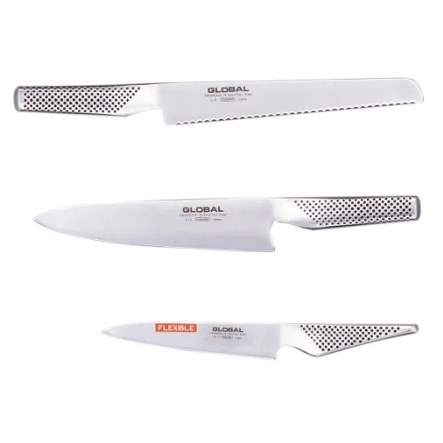 GLOBAL Messer-Set G-9211: 3-tlg Kochmesser, Brotmesser und Filetiermesser - Messerset für Profis und Hobbyköche: Enthält ein klassisches Kochmesser, ein Brotmesser für feste Krusten und ein flexibles Filetiermesser für präzises Arbeiten. Ideal für vielseitige Küchenaufgaben!