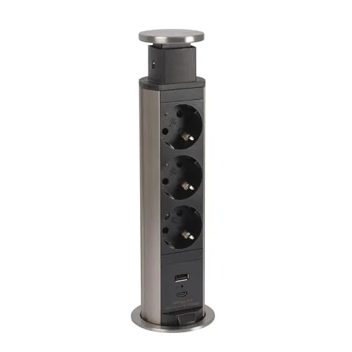 LEGRAND, Incara Tower 60, Einbausteckdose mit Lift-System, Multi-Tischsteckdose, 2x USB (C), 3x Steckdosen, 2P+E Stecker, Durchmesser: 60mm, Einbautiefe: 356,5mm, 15 W, Aluminium/Schwarz, 654974