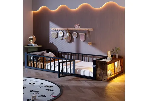 Redom Kinderbett Schwarz 90x200 cm – Modernes Design für Kinderzimmer - Das stilvolle Kinderbett aus Metall mit seitlichen Schutzgittern bietet Sicherheit und Komfort. Integrierte LED-Leisten schaffen eine gemütliche Atmosphäre. Ideal für kompakte Räume und vielseitige Wohnstile.