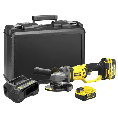 Stanley 18V V20 Winkelschleifer 125mm - Schleifmaschine mit 2x4,0Ah Akkus, leistungsstark und kabellos für maximale Flexibilität beim Schleifen und Schneiden.