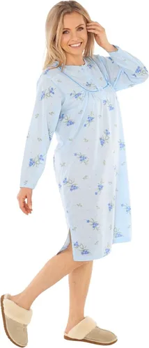 Nachthemd Damen langer Arm Nachtkittel Nachtgewand Schlafhemd Nachtwäsche, Größe:L, Farbe:Blau