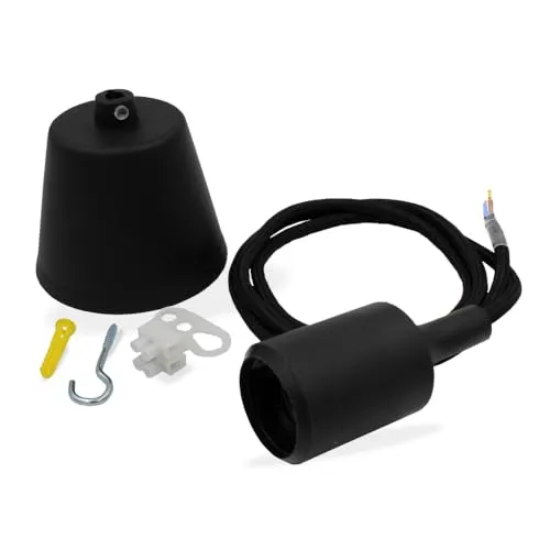 Schnurpendel, Hängefassung, Pendelleuchte mit Textilkabel, Baldachin und E27 Silikon Fassung | 1200mm (Schwarz)