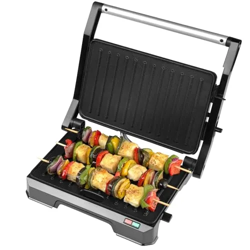 Progress Kontaktgrill 850W, Elektrischer Kontaktgrill 2in1 mit 180° Grillplatten, Panini Maker & Tischgrill mit Antihaftbeschichtung, Sandwichtoaster mit Abtropfschale