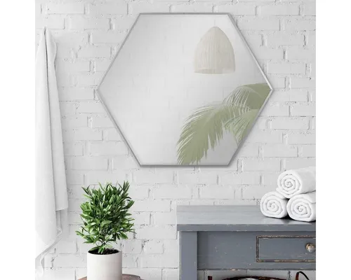 PHOTOLINI Sechseckiger Spiegel mit Metallrahmen 52x60 cm - Eleganter Spiegel in sechseckiger Form mit schmalem Silberrahmen, ideal für moderne Wohnräume und stilvolle Akzente.