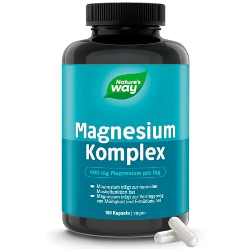 Magnesium Complex Kapseln | 400 mg Magnesiumkomplex hochdosiert mit Magnesium Bisglycinat Magnesiummalat Magnesiumascorbat Magnesiumcitrat und Magnesiumoxid | vegan | 180 Stk für 90 Tage