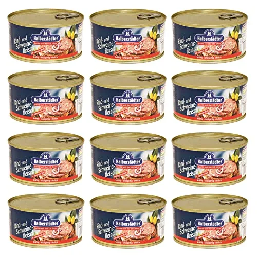 Halberstädter Rind- und Schweinefleisch im eigenen Saft 12er Pack - Fleischkonservendosen mit 300 g Rind- und Schweinefleisch, ideal als Brotbelag oder Beilage. Kräftiger Geschmack für ein einzigartiges Genusserlebnis!