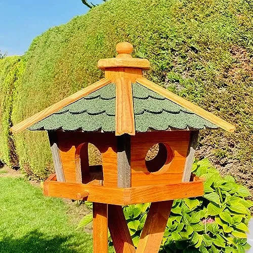 DARLUX Vogel Futter Haus L oder XL Sechseck Holz Vogelhaus Futterstelle Braun/Blau, Rot, Schwarz und Grün (L ohne Ständer, Grün - Braun)