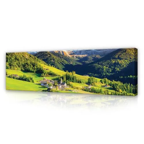 WallArena - Leinwand Bilder - Berge Alpen Landschaft Grün Natur - 145x45 cm Leinwandbilder - Bild auf leinwand - Wandbild XXL groß Wandbilder für Wohnzimmer Schlafzimmer Wohnzimmerbilder Modern