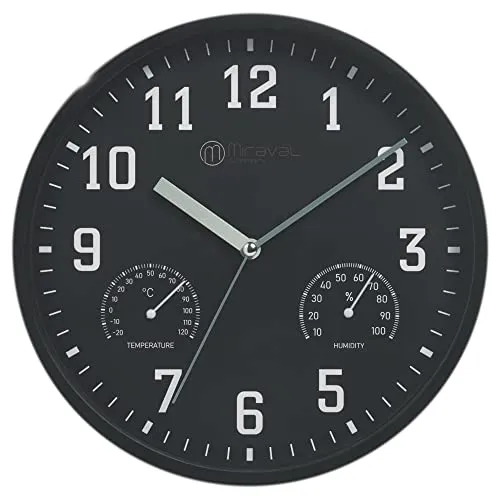 Miraval Wanduhr Thermometer Hygrometer 250 mm Küchenuhr Wohnzimmer Luftfeuchtigkeit Temperaturanzeige Analog Bürouhr Moderne Wanduhr (Schwarz)