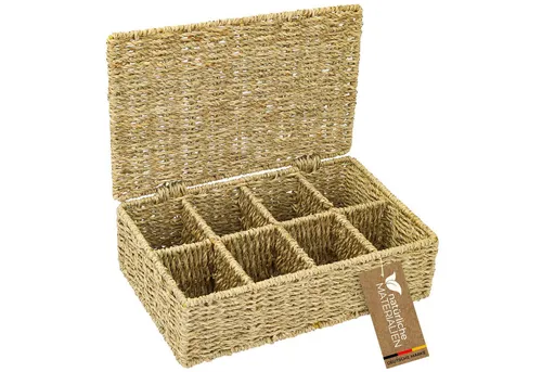 HMF Teebox Teebox für Teebeutel geflochten aus Seegras, Seegras, Tee Aufbewahrungsbox mit 8 großen Fächern, 33 x 21 x 10 cm