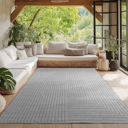 HomebyHome Teppich Wohnzimmer, Schlafzimmer, Wintergarten, Kurzflor Grau, Hoch-Tief-Effekt, weich & waschbar, Outdoor geeignet, pflegeleicht, 80x150 cm