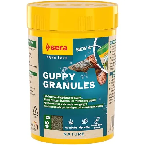 sera Guppy Granules 100 ml (46 g) | Fischfutter, Hauptfutter für Guppys & Lebendgebärende | leicht verdaulich | mit Spirulina & Ballaststoffen für Verdauung | Farbe & gesunde Nachzucht