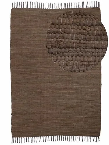 carpetfine Flickenteppich Kelim Chindi Uni Braun 190x290 cm, handgewebt | Fleckerlteppich aus Baumwolle für Wohnzimmermit Fransen