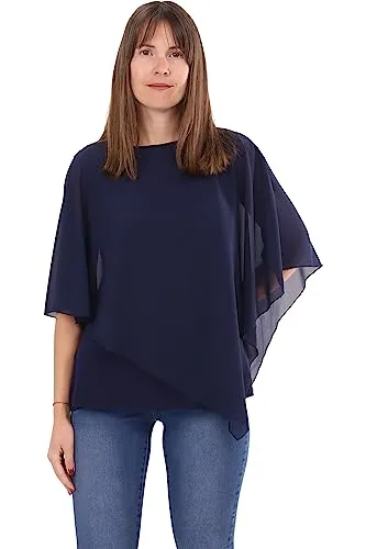 Malito Damen Chiffonbluse - Asymmetrische Tunika im Poncho Style - Blusen & Tuniken für Damen, kaschierendes Design mit elastischem Untertop für optimalen Tragekomfort und feminine Silhouette.