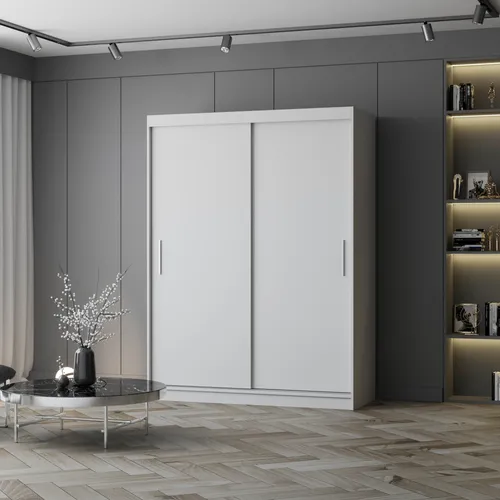 Schwebetürenschrank Vista 04 150 cm in Weiß - Kleiderschrank ohne Spiegel Vista 04, elegant und funktional mit geräumigen Einlegeböden und stabiler Kleiderstange für optimale Organisation in Ihrem Schlafzimmer.