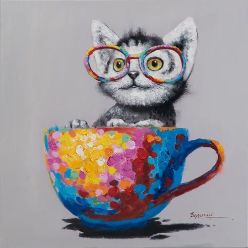 ArtUniverse Gemälde Katze in bunter Tasse 60x60 cm, Katze