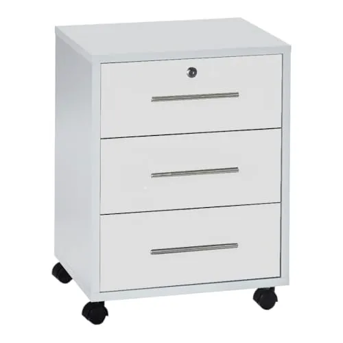 Rollcontainer TABOR - Mobiler Aktenschrank mit Schubladen (weiß matt) - Der Rollcontainer TABOR bietet drei praktische Schubkästen, darunter einen abschließbaren. Ideal für Büro oder Arbeitszimmer, mit stabiler Konstruktion und 4 Rollen für einfache Mobilität.