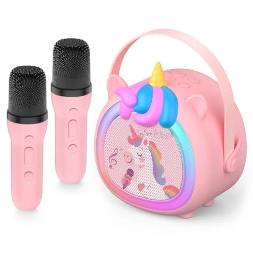 Fippesax Kinder Karaoke Maschine mit 2 kabellosen Bluetooth Mikrofonen, Kompaktes Einhorn Musikspielzeug mit Stimmeffekten & LED Lichtern, Geschenk für Mädchen ab 6 Jahren,Rosa (Rosa)