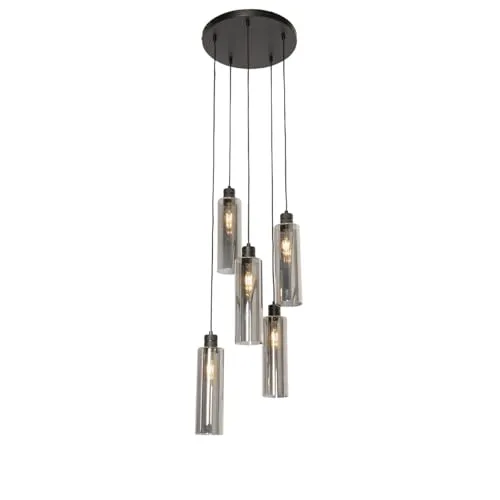 Qazqa Stavelot Pendelleuchte - Schwarz mit Rauchglas, 5-flammig, 40cm - Elegante 5-flammige Pendelleuchte in Schwarz mit Rauchglas. Ideal für Flur, Küche und Wohnzimmer. Dimmbar mit passendem Leuchtmittel für stimmungsvolle Lichtakzente.