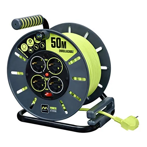 Masterplug Pro-XT 4-Fach offene Kabeltrommel mit Aufrollgriff, Thermoabschaltung und Netzschalter, 50 Meter langes Kabel mit hoher Sichtbarkeit