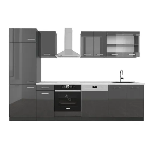 Vicco Küchenzeile R-Line, Anthrazit Hochglanz, 300 cm mit Marmor Arbeitsplatte - Moderne Küchenzeile in Anthrazit Hochglanz, 300 cm – höhenverstellbar für ergonomisches Kochen und individuell anpassbar. Perfekte Komplettlösung für Ihre Küche!