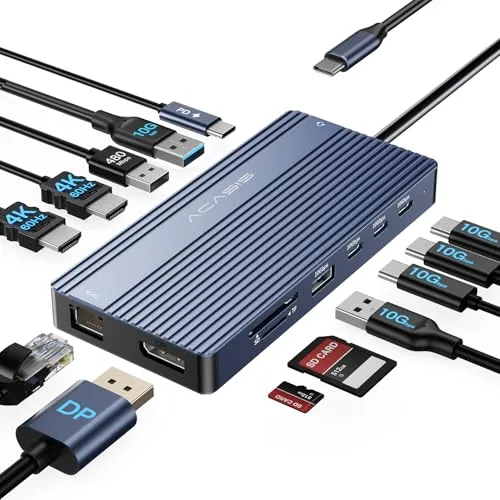 ACASIS USB C Hub 14-1 Docking Station für Dual Monitor - Dockingstation für tragbare Computer mit 14 Ports, 2 HDMI und DP für 4K@60Hz, 100W PD Fast Charging und Plug-and-Play-Funktion für einfache Nutzung.