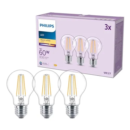 Philips classic A60 LED Lampe, 60 Watt, klar, E27 Sockel, 2700 K warmweißes Licht, 3er Pack