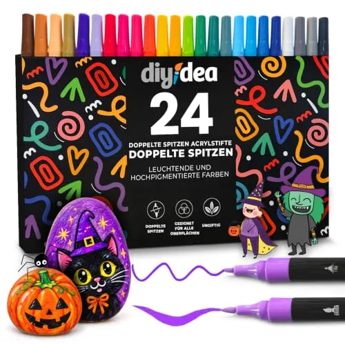 DIYIDEA Acrylstifte 24 Farben Doppelspitze zum Steine Bemalen | Acrylmarker auf Wasserbasis, ungiftig, für Glas, Keramik, Kunststoff, Holz, Stein, Leinwand, schnelltrocknend, Doppelspitze