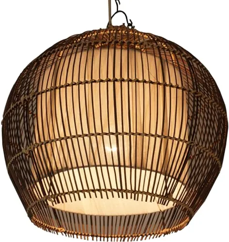 GURU SHOP Deckenlampe Camilio - Handgemachte Deckenleuchte aus Rattan und Baumwolle, ideal für ein gemütliches Ambiente. Größe: 34x37x37 cm, einzigartig und nachhaltig.