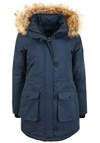 OXMO OXActa Wintermantel - Blau mit Kapuze - Funktionsjacke in XS, ideal für kalte Tage. Ausgestattet mit abnehmbarem Kunstfell und modischem Design für einen lässigen Look.