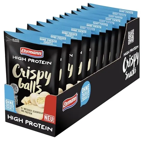 Ehrmann High Protein Crispy Balls ohne Zuckerzusatz, weiße Schokolade - Leckere Getreide-Kugeln mit Fairtrade-Kakao, 12 x 55g