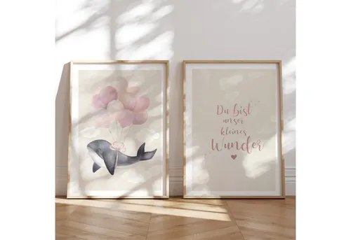 MeinBaby123® Poster Kinderzimmer Meerestiere,  Kinderzimmer Deko, Kinderzimmer Bilder, Unterwasserwelt, süßer Wal, Schildkröte, Qualle