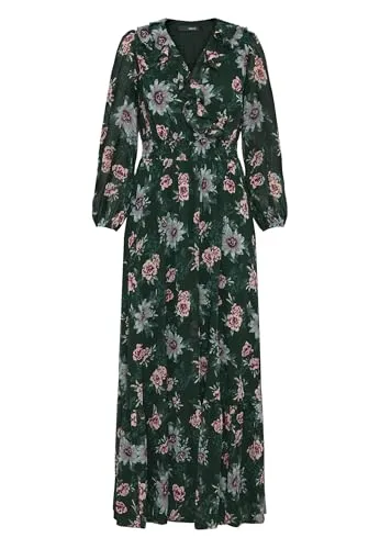 zero Damen Maxikleid Langarm mit Blumen 38, Dark Green/Pink von Zero
