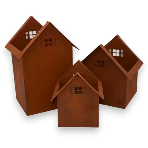 UNUS Deko Häuser 3er Set, Lichthäuser aus Metall in Rostbraun, Herbstdeko Outdoor, Weihnachtsdorf mit Gravur für Garten, Terrasse oder Balkon