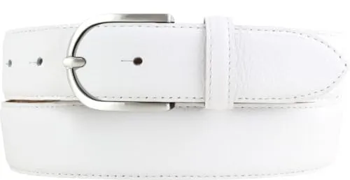 Italienischer Damen-Gürtel, 35 mm breit, Damen, Chinogürtel, Hosengürtel, strukturiertes Leder, Schließe Silber | Weiß 90cm